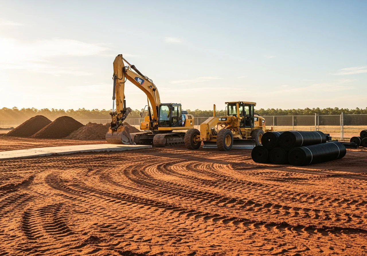 Heavy equipment and tools ready for land restoration work. Tractor and grading machinery on a cleared site.