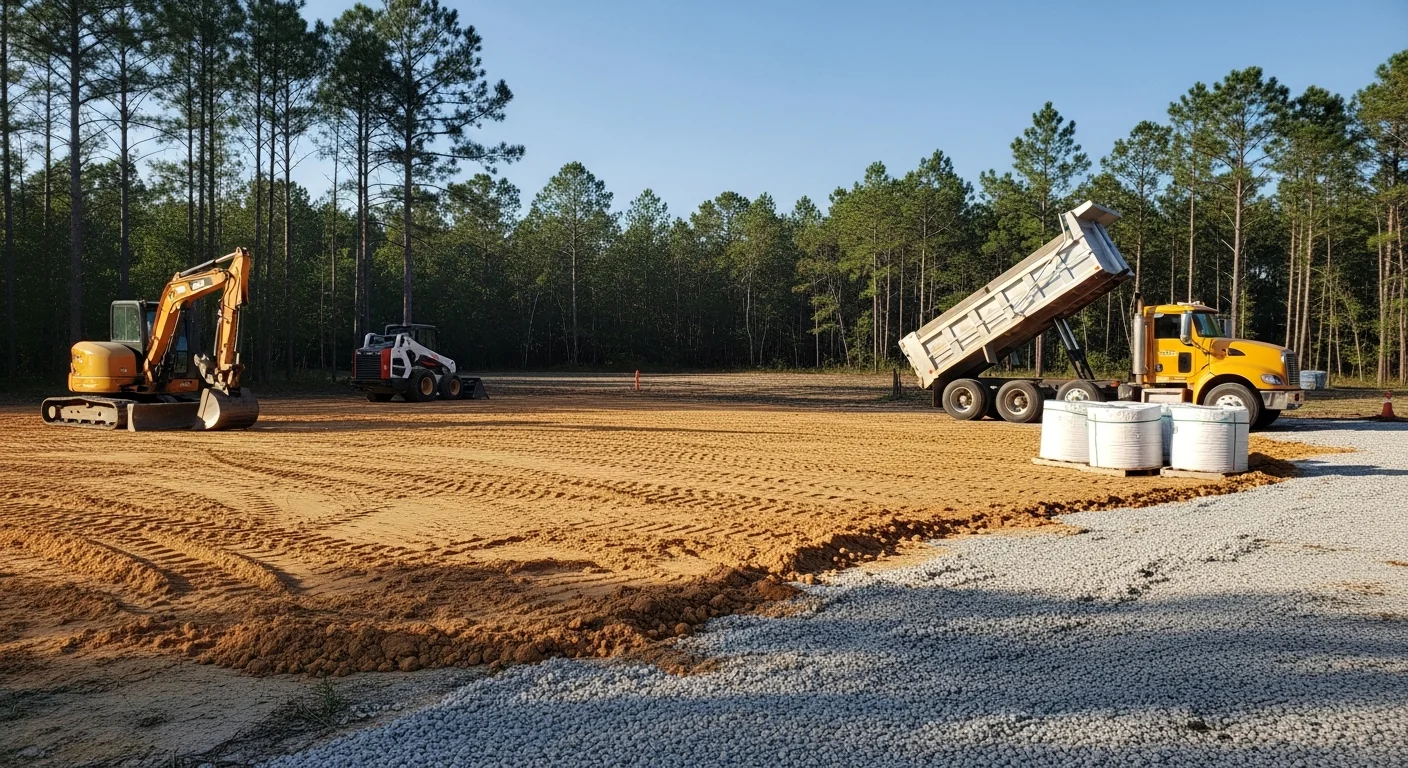 Dirt and gravel hauling truck delivering materials to a construction site
