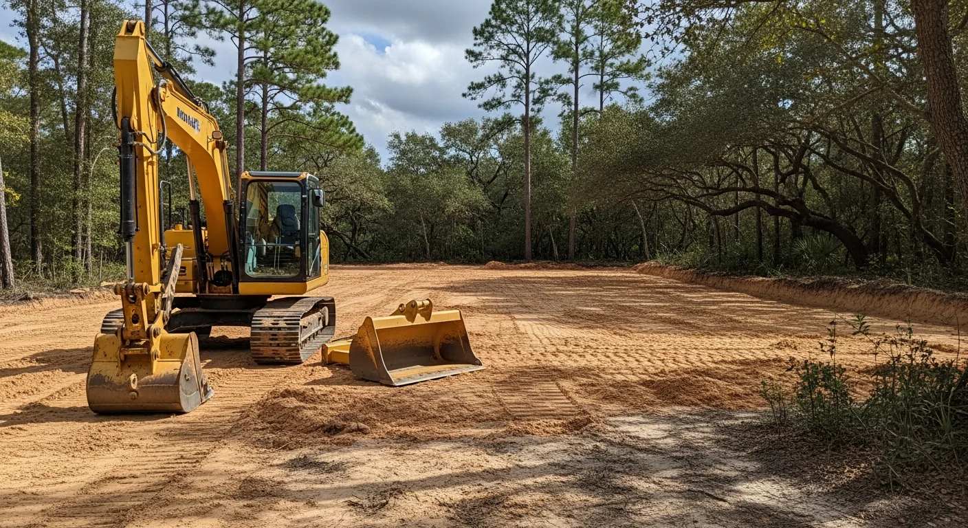 Excavation equipment performing grading work on a residential property