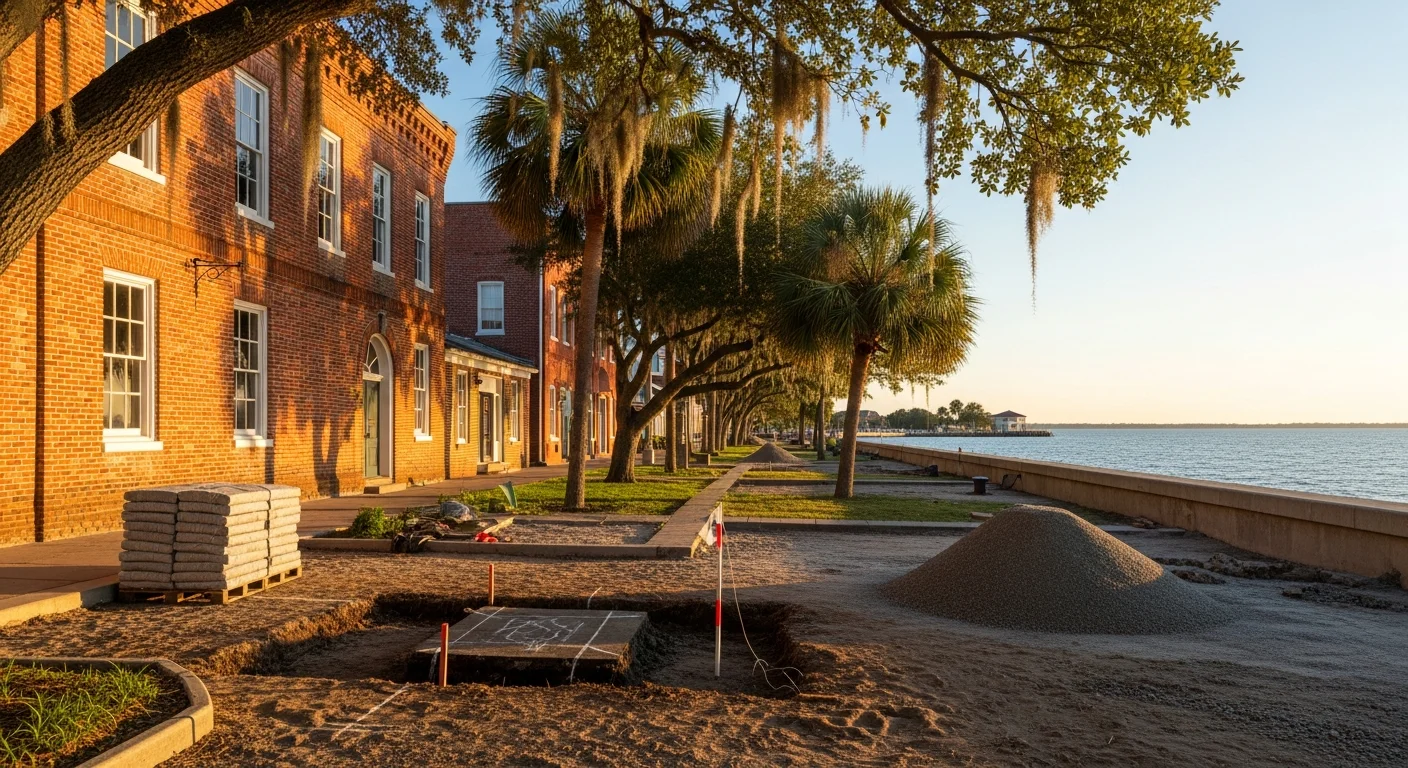 Pensacola waterfront with historic brick buildings and palm trees along the bay.