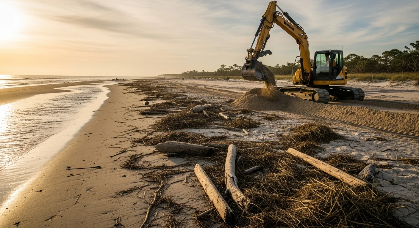 A cleared coastal shoreline in Pensacola, FL after beach debris removal, showing open sandy ground free of storm-deposited wood, vegetation, and waste. A Williams Dirt Work LLC crew and equipment are visible at the edge of the cleaned site near the Gulf-facing property line.