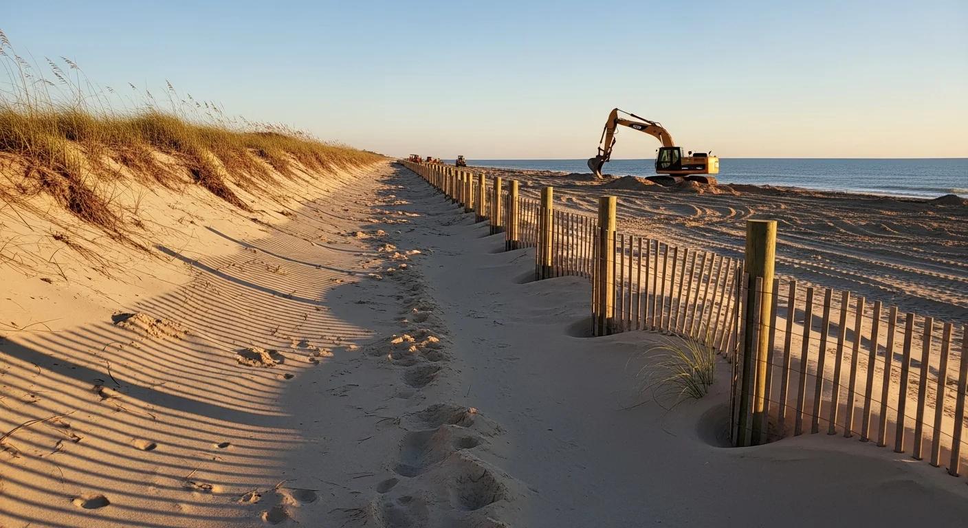 Restored coastal dune line along a Gulf-front property in Pensacola, FL, showing graded sand, sand fencing, and newly planted native vegetation. Williams Dirt Work LLC beach restoration work on a barrier island shoreline in Escambia County.