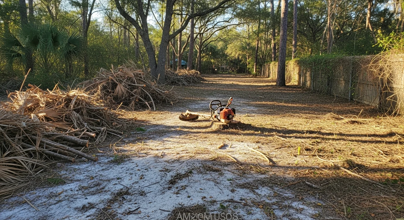 A cleared residential lot in Pensacola, FL showing bare ground and open space after dense brush, shrubs, and vines have been removed. A Williams Dirt Work LLC crew prepares the land for future landscaping.