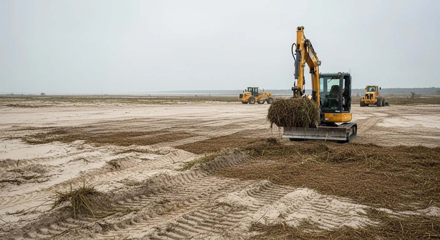 A cleared and graded coastal property in Pensacola, FL after storm debris removal, showing a level lot with clean ground and open waterfront access. Williams Dirt Work LLC equipment visible on site during coastal property cleanup work.