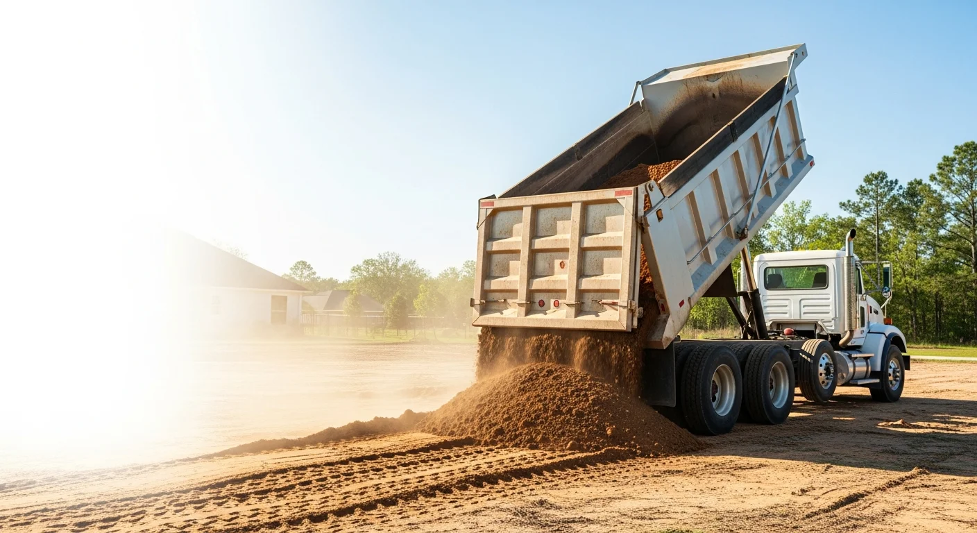 A dump truck from Williams Dirt Work LLC loaded with excavated sandy soil at a residential job site in Pensacola, FL. The cleared lot shows freshly graded ground ready for the next phase of construction.