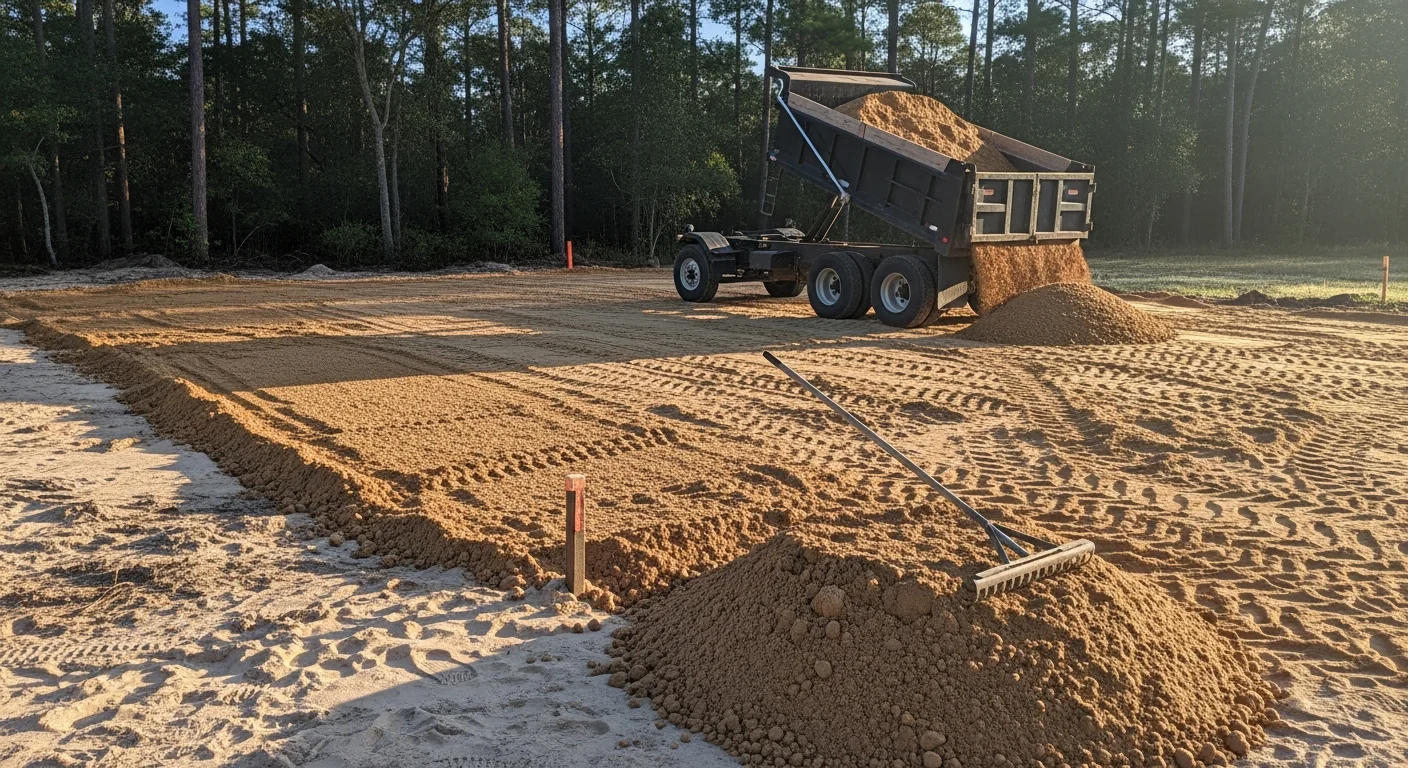 A dump truck from Williams Dirt Work LLC unloading a bulk fill material delivery onto a residential lot in Pensacola, FL. The site shows a graded yard being leveled and prepared for landscaping on a sandy coastal property.