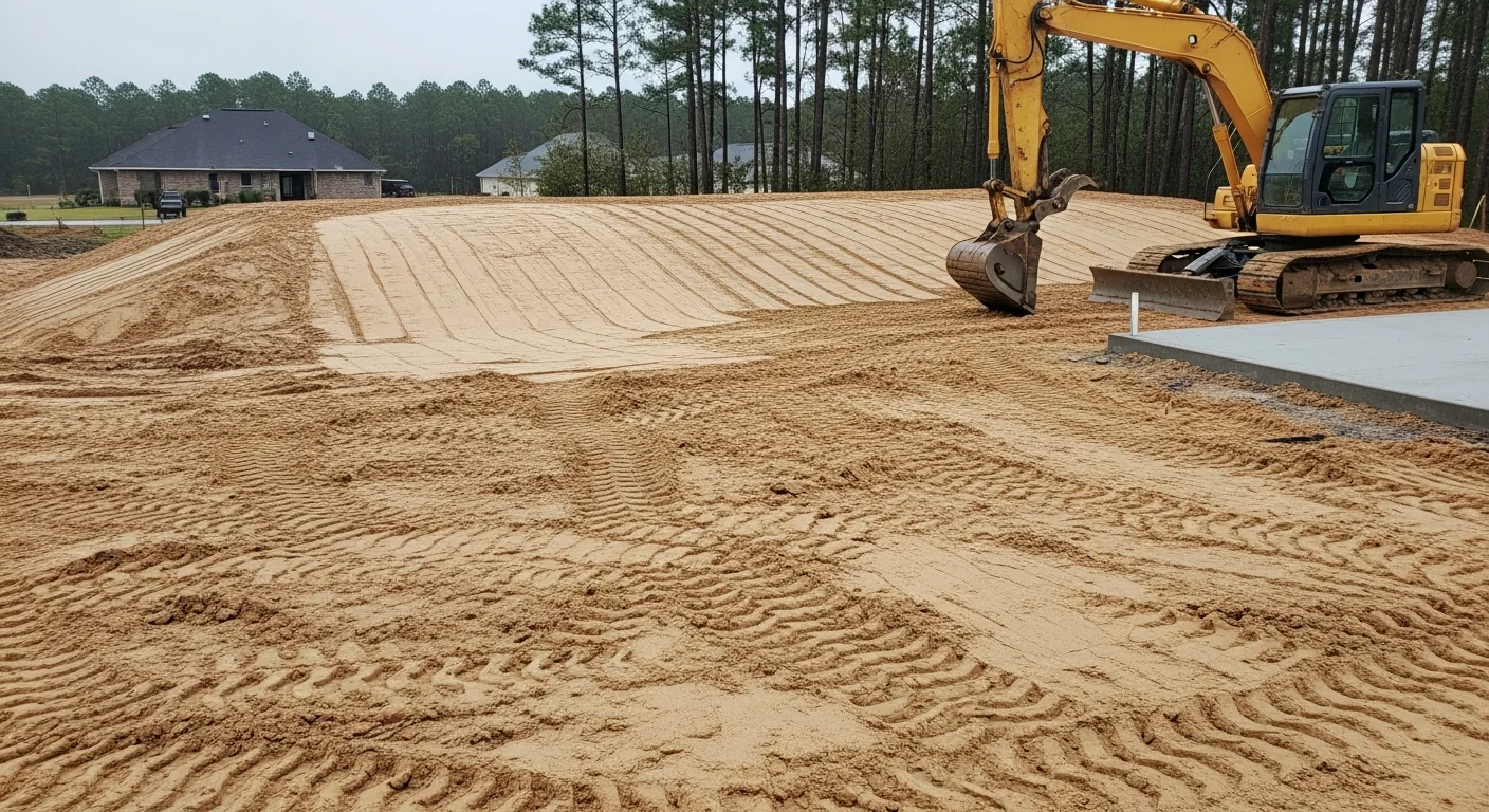 A graded residential lot in Pensacola, FL with smooth, sloped earth compacted and ready for construction. Heavy equipment tracks are visible across the leveled ground, and the surface slopes away from the building pad toward the property edge.