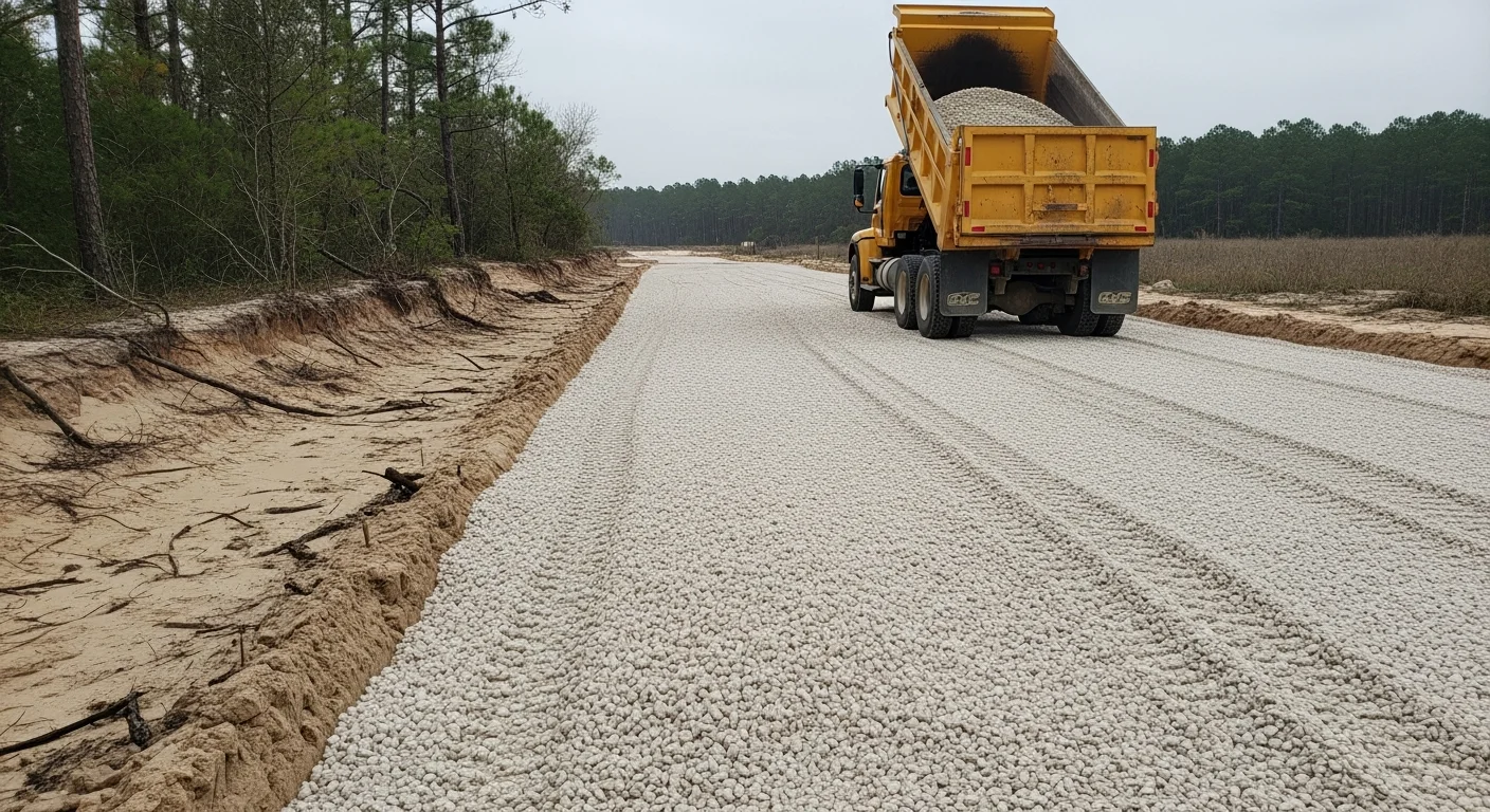A residential driveway in Pensacola, FL with freshly hauled and graded gravel spread over a compacted base. A dump truck from Williams Dirt Work LLC is visible in the background on a sandy Gulf Coast lot.