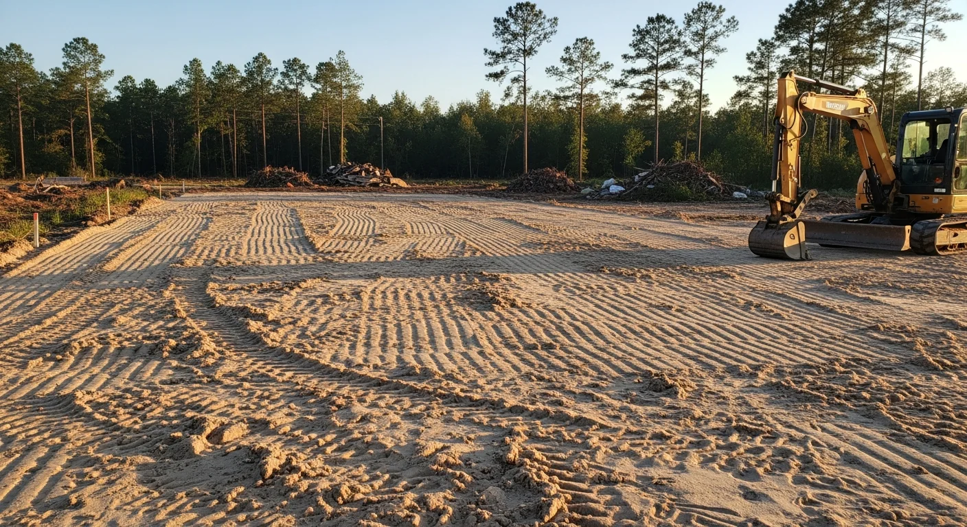 A freshly cleared and graded residential lot in Pensacola, FL, with compacted soil and smooth surface contours ready for foundation work. An excavator sits at the edge of the site with no vegetation remaining on the build pad.