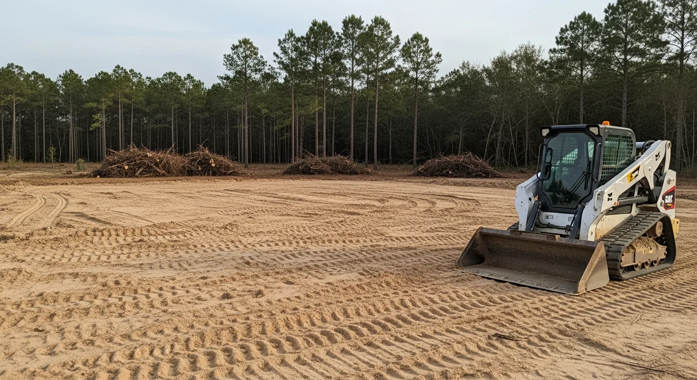 A freshly graded and cleared residential lot in Pensacola, FL with compacted soil and no remaining vegetation or debris. Heavy excavation equipment is visible in the background on a flat, build-ready site.