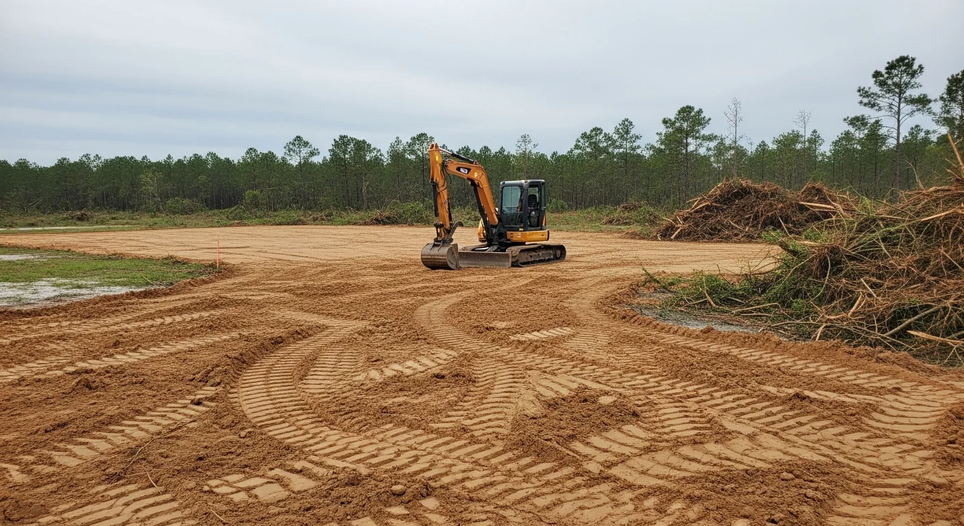 A Pensacola, FL residential lot after land restoration, showing freshly graded and compacted soil with cleared vegetation and a level surface ready for landscaping. Heavy equipment tracks are visible across the stabilized ground near a residential structure.