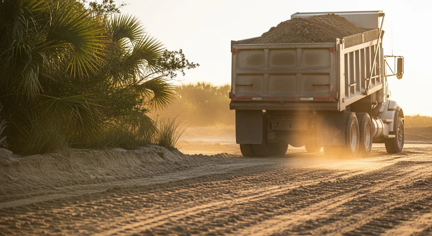 A dump truck from Williams Dirt Work LLC unloading fill dirt at a residential grading site in Pensacola, FL. Sandy soil is visible across the leveled yard with a cleared lot ready for site preparation.