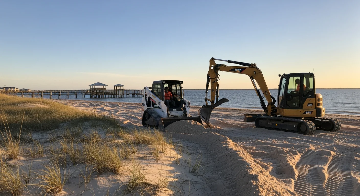 A coastal lot in Pensacola, FL showing a graded sand surface with restored drainage slope along a waterfront property edge. A skid steer is positioned near a sand berm being leveled and redistributed away from a residential foundation.