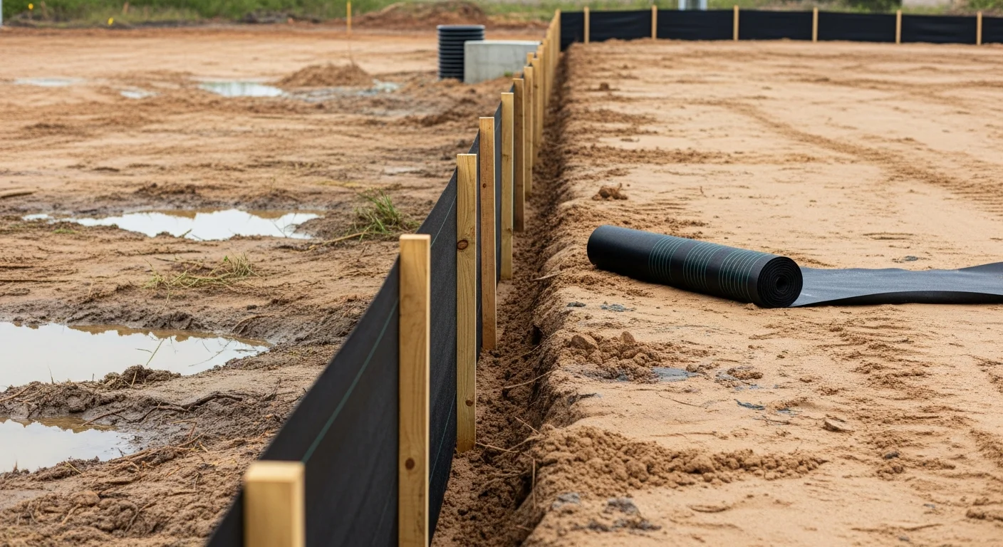 Installed silt fence running along the downslope edge of a cleared residential lot in Pensacola, FL. Orange woven fabric is trenched into sandy soil with wooden stakes, blocking sediment runoff before it reaches the street.