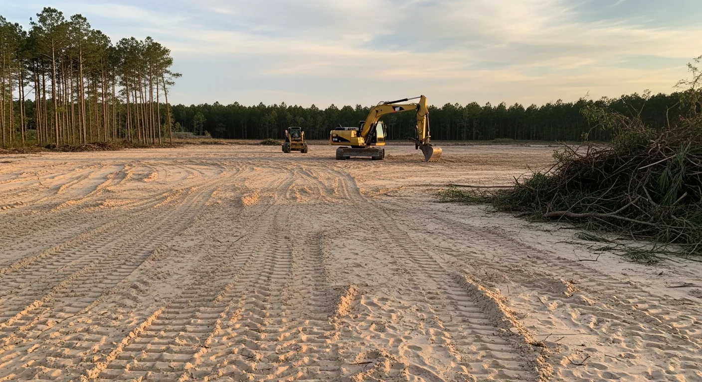 A freshly cleared residential lot in Pensacola, FL with stumps and brush removed and bare sandy soil graded flat. Heavy excavation equipment is staged at the edge of the cleared site, ready for the next phase of construction.