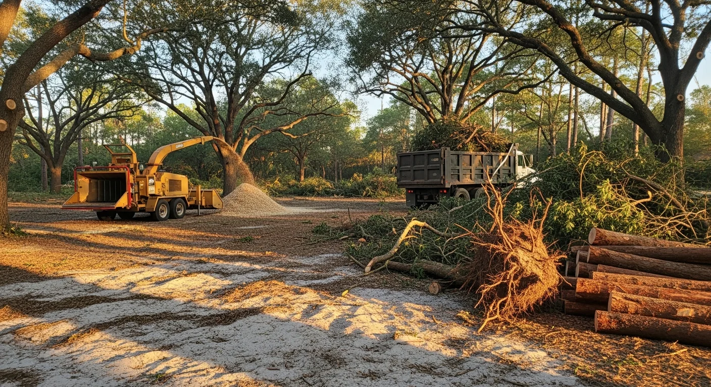 A Pensacola, FL residential yard after storm debris removal, showing a cleared lawn with no fallen branches or tree material remaining. Williams Dirt Work LLC equipment staged near the property following a Gulf Coast storm cleanup.