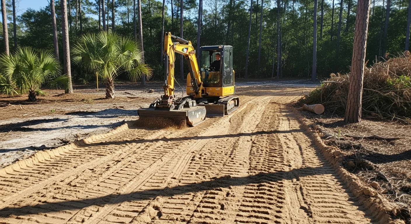 A tractor clearing overgrown brush and leveling sandy soil on a residential lot in Pensacola, FL. The cleared area shows graded ground ready for construction or landscaping.