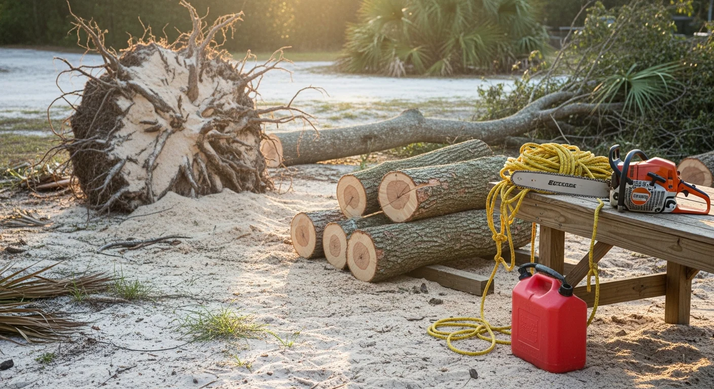 A large storm-damaged slash pine being removed from a residential yard in Pensacola, FL, with cut sections on the ground and a cleared work area visible. A single-story home and wood fence are visible in the background, undamaged.