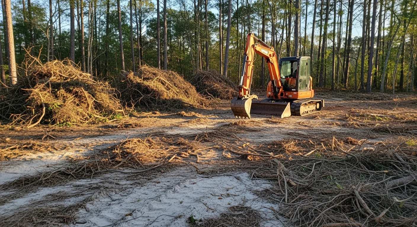 A cleared residential property in Pensacola, FL showing bare ground where dense brush and overgrown shrubs have been fully removed. A Williams Dirt Work LLC crew and equipment are visible at the edge of the cleared area.