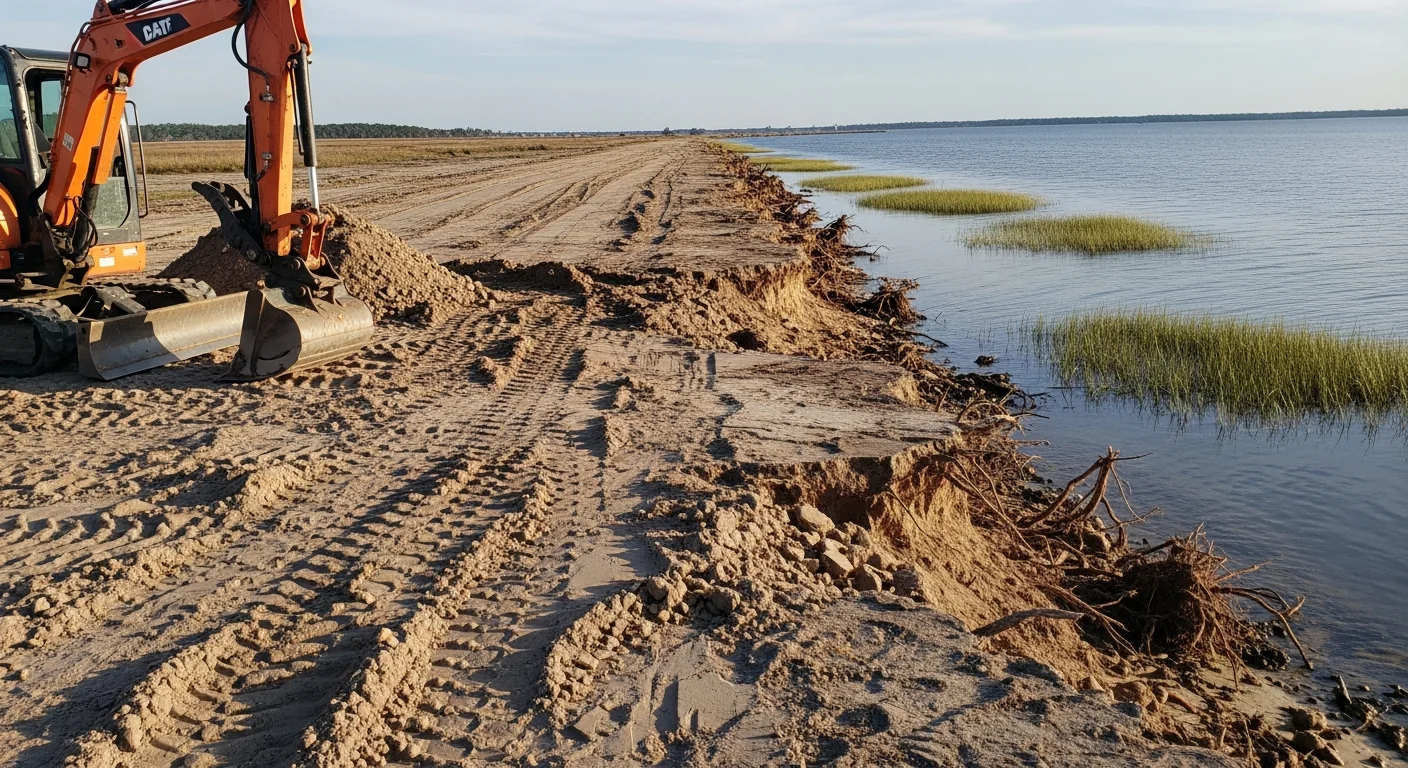 A restored waterfront bank along a Pensacola, FL property showing a stable graded slope meeting the water's edge with compacted soil and a clean shoreline profile. Williams Dirt Work LLC completed the erosion repair and land reclamation work on this Gulf Coast residential lot.